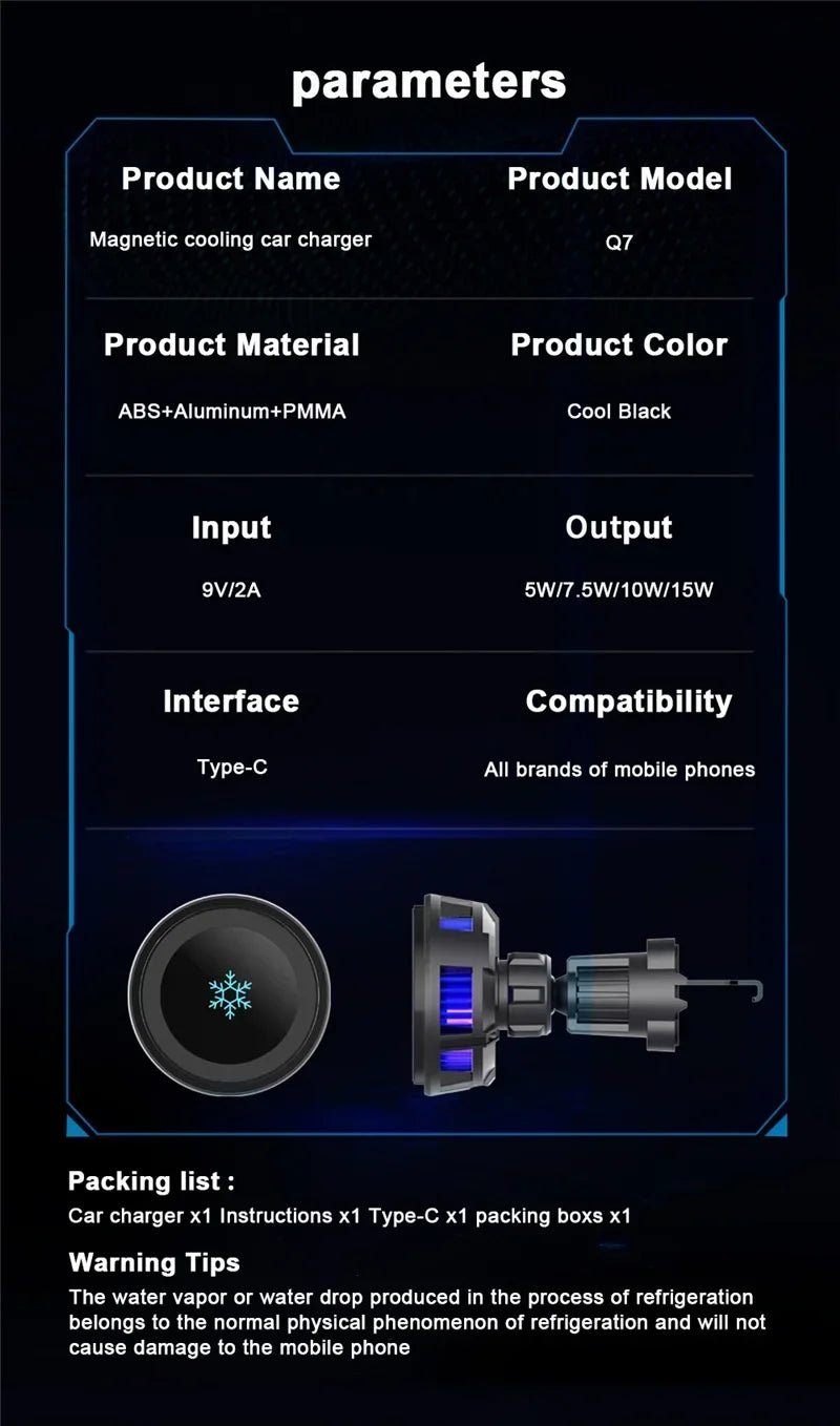 ice Cooling Magnetic Wireless Car Charger Stand for iPhone 16 15 14 13 12 Pro Max MacSafe Car Phone Holder Fast Charging Station - PhoneDripz